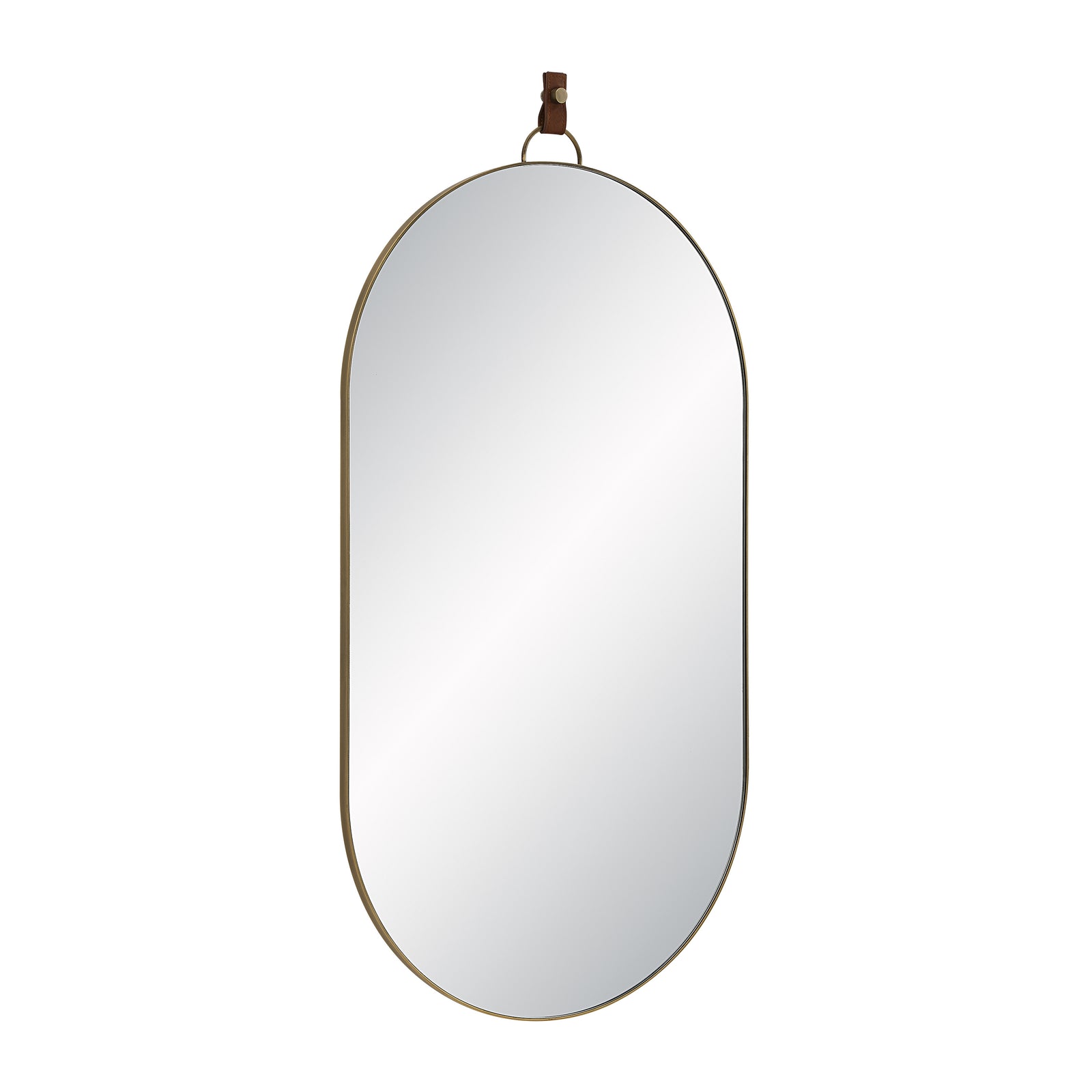 Hudson mirror by Renwil, oval shape with a leather strap, gold metal frame.