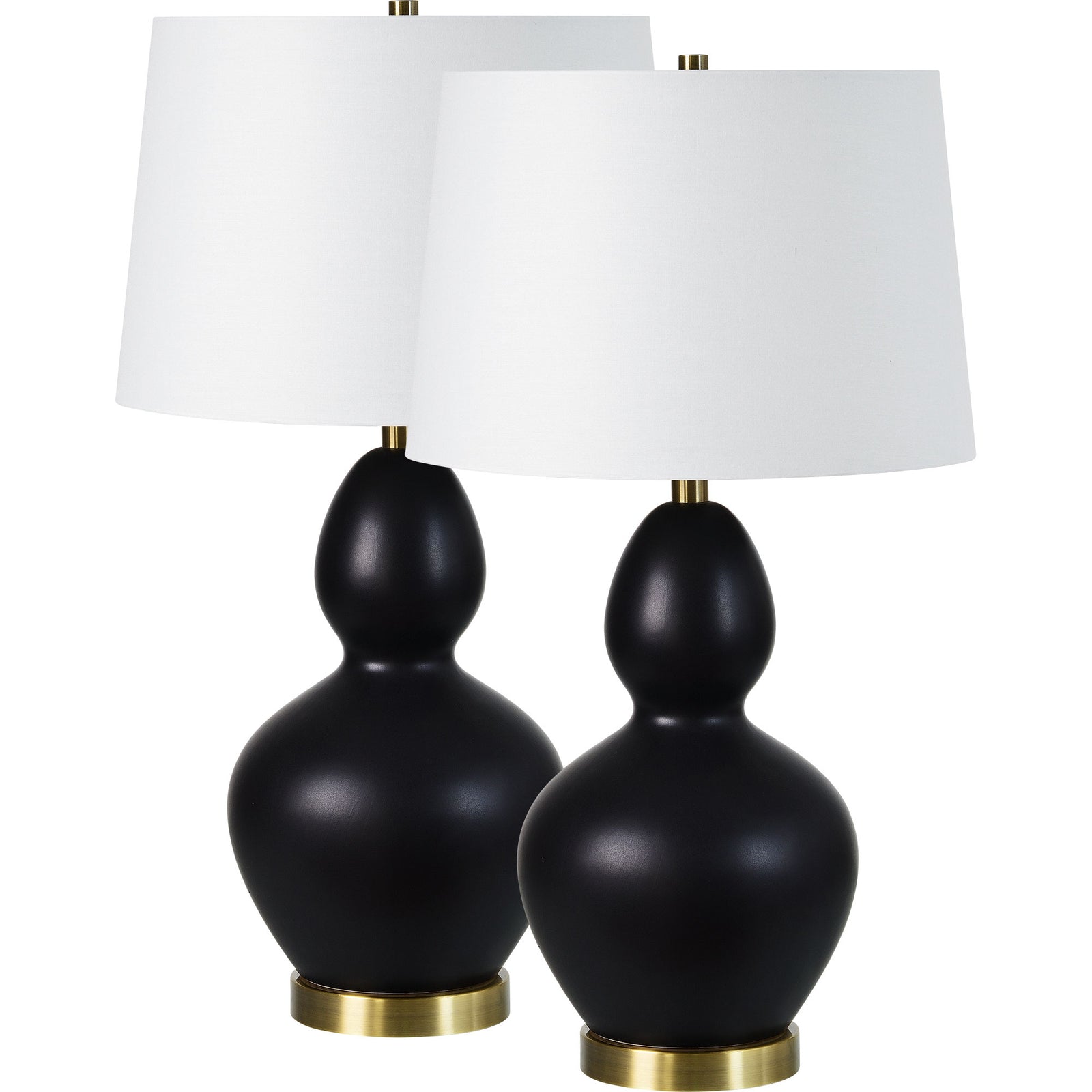 Kamilia Table Lamp Set featuring two black ceramic lamps with white shades and brass bases.