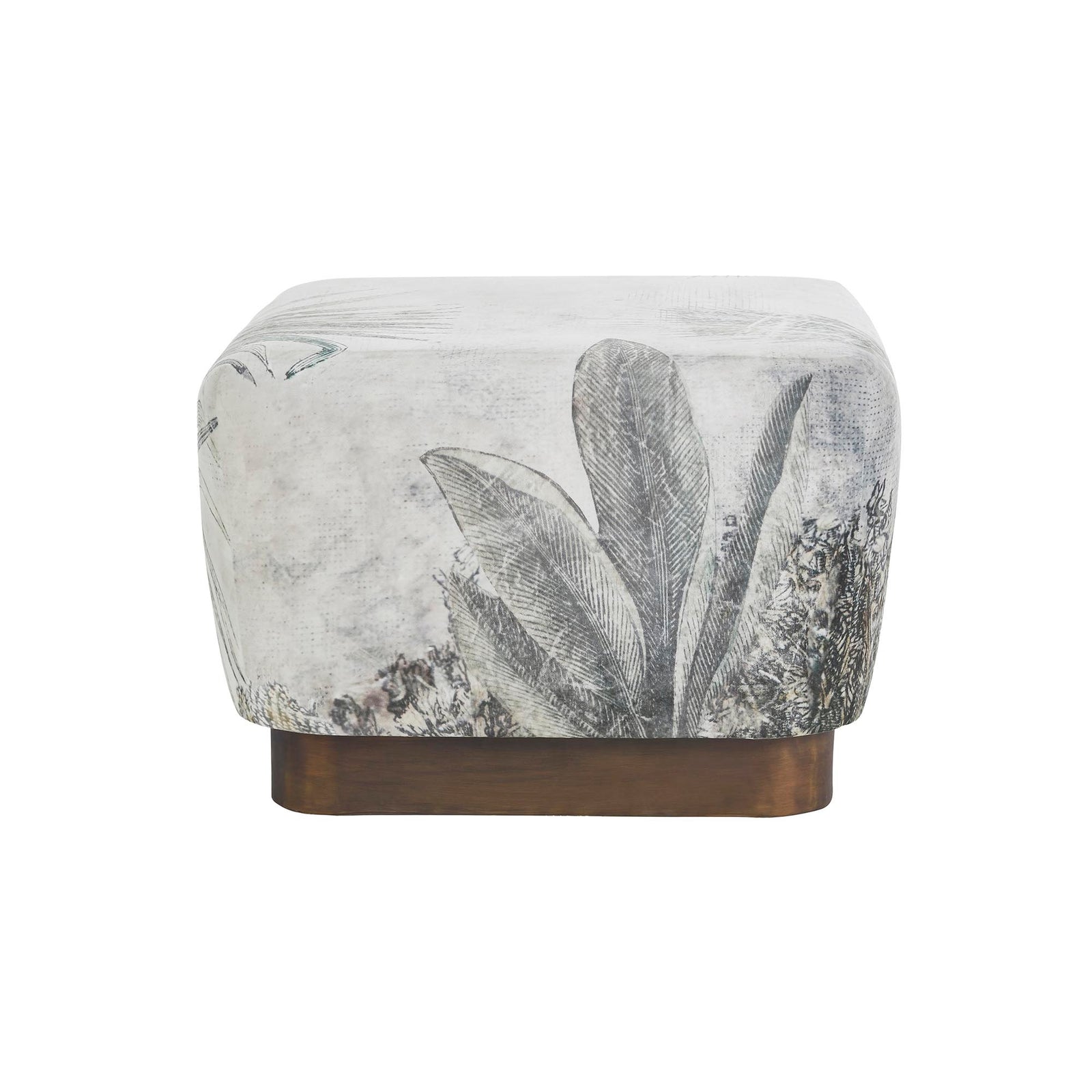 Tangle Ottoman with a botanical print fabric and a wooden base, viewed from the side.