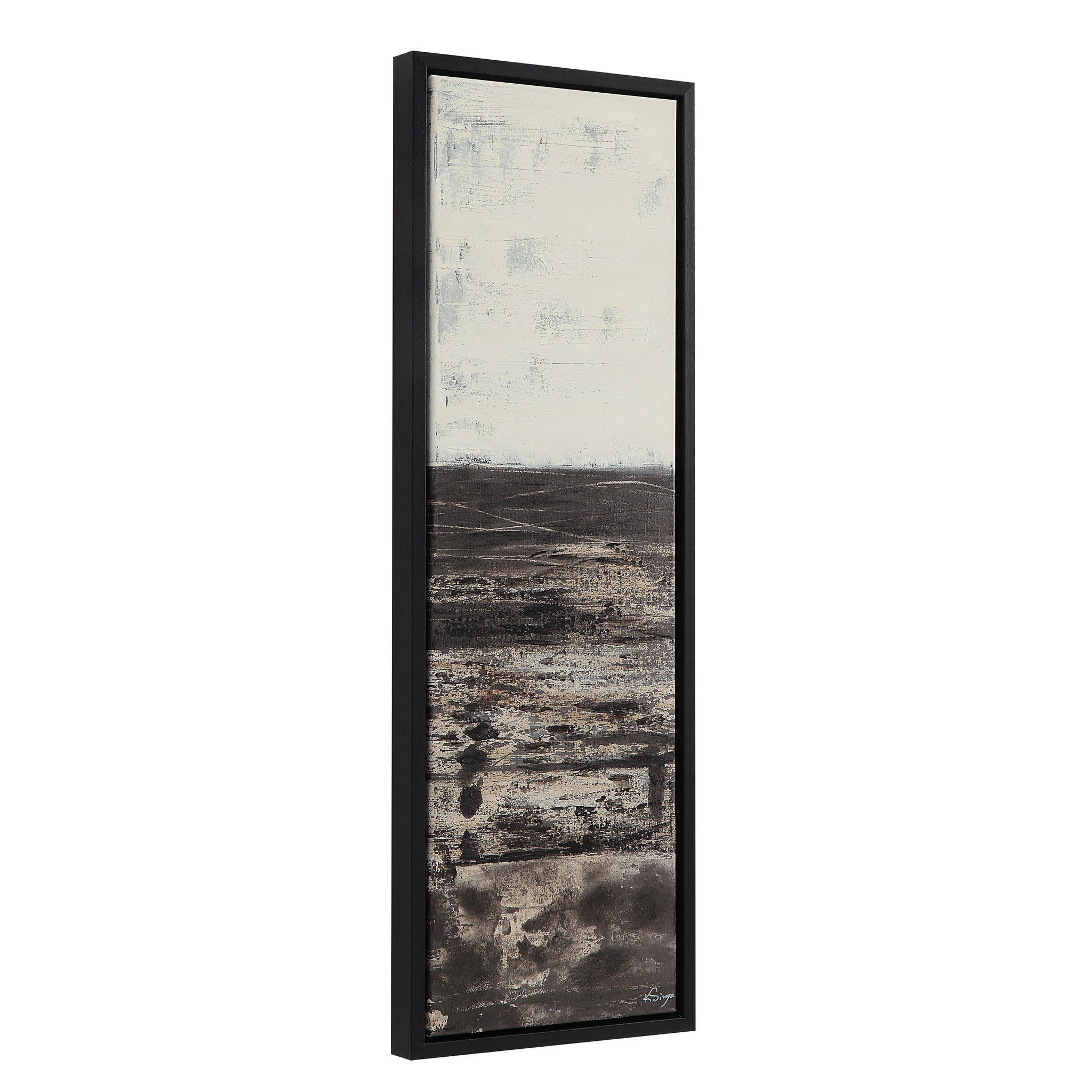 Spica canvas art with a vertical black and white abstract pattern, set in a black frame.