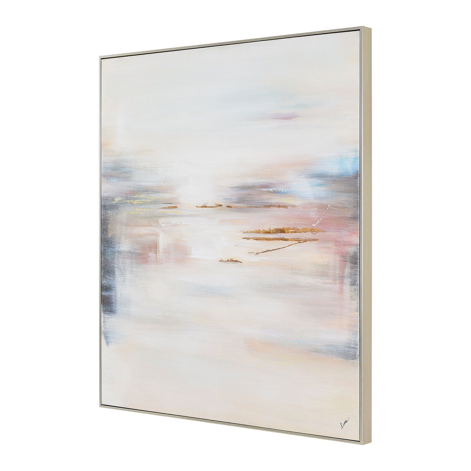 Carina Canvas Art featuring abstract soft hues of beige, pink, and blue with gold accents.