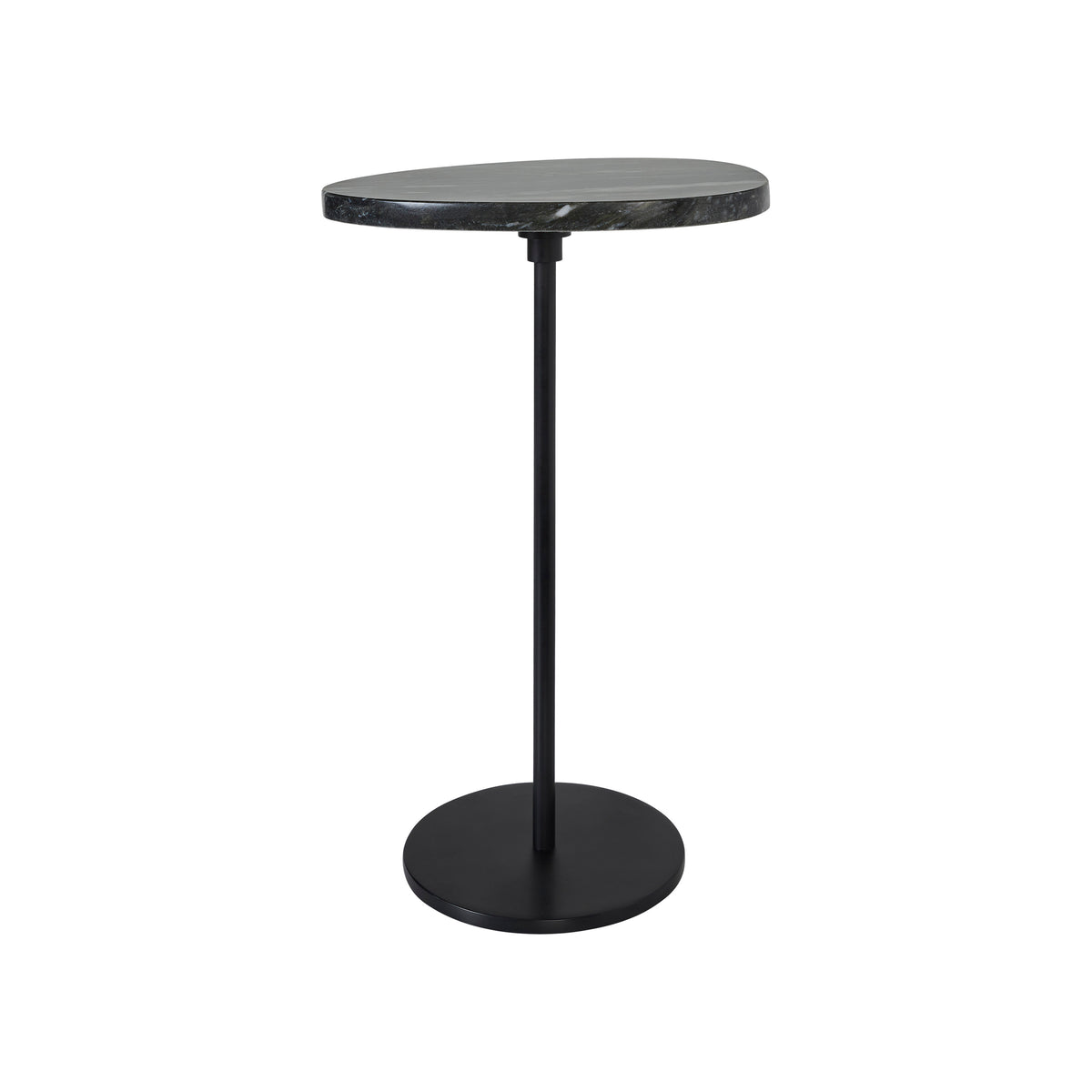 Adeline Side Table with a round black marble top and black metal base, modern design.