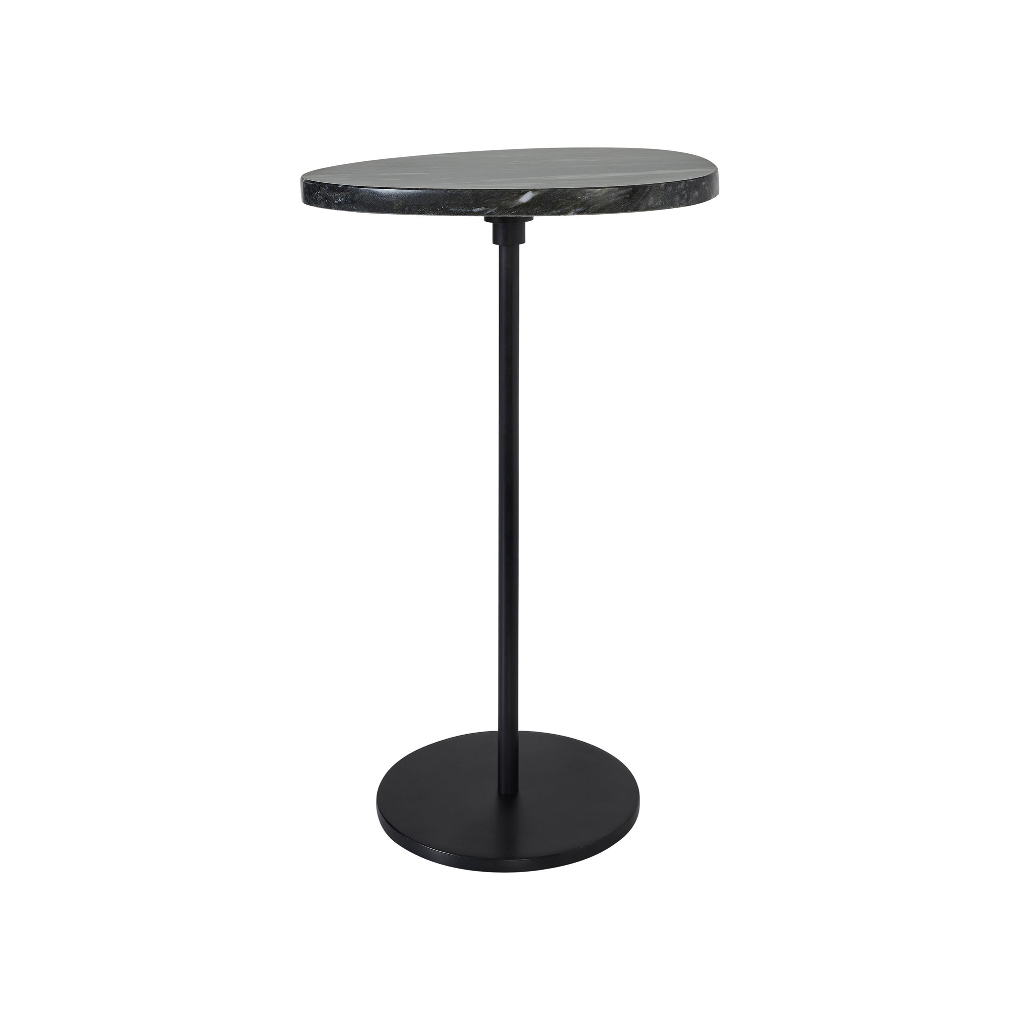 Adeline Side Table with a round black marble top and black metal base, modern design.