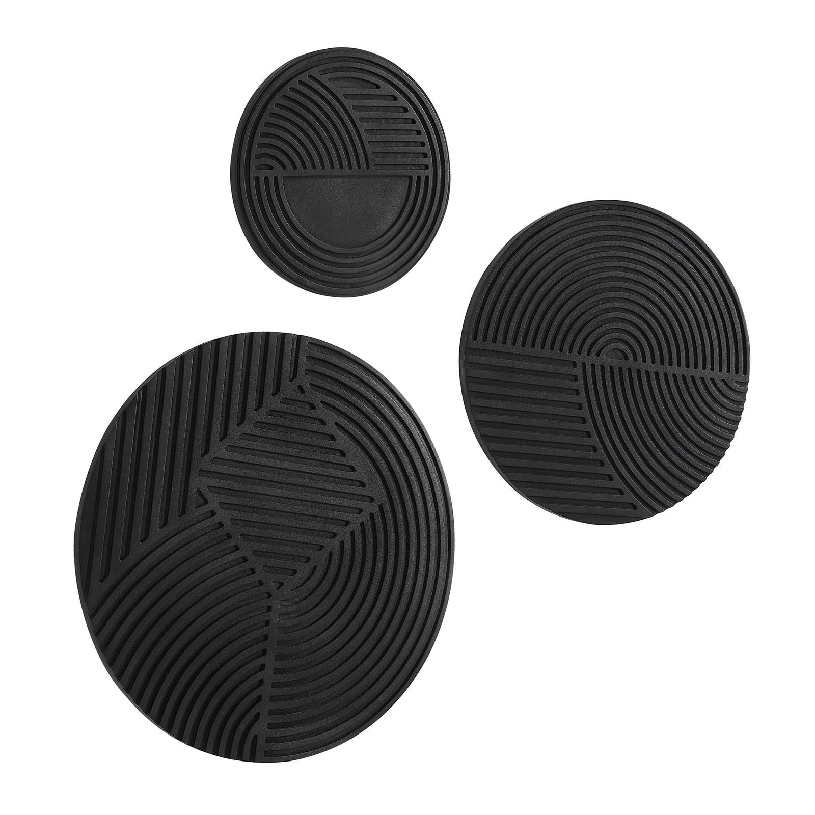 Sofia Wall Art in black featuring three circular pieces with textured patterns.