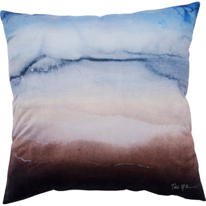 Finch indoor pillow featuring a watercolor design in blue, beige, and brown tones.