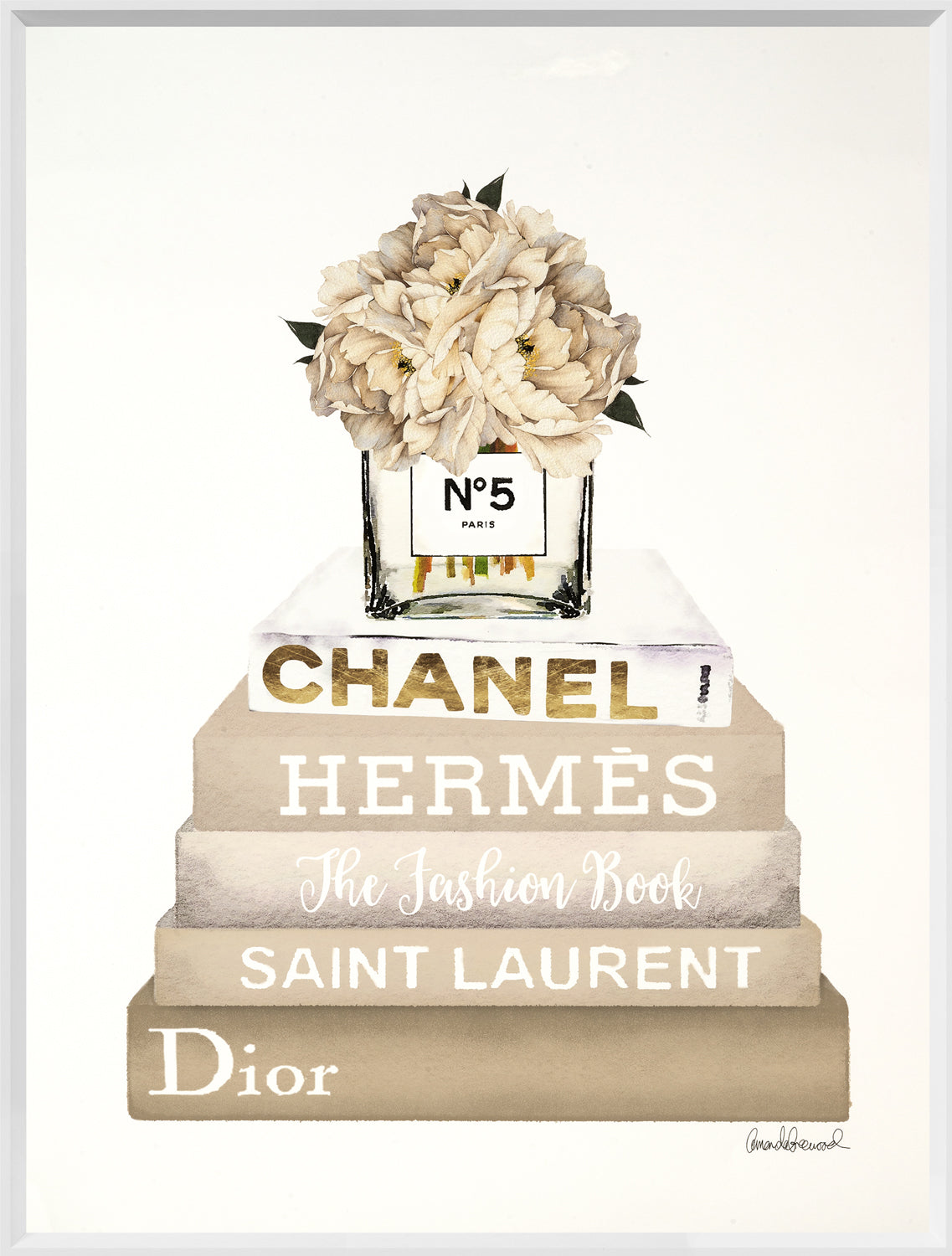 front view of Book Stack Cream Peony luxury Artwork